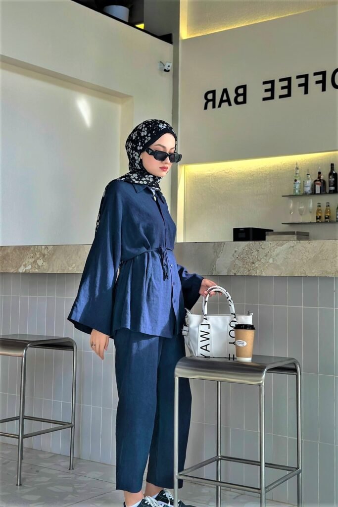 Navy Blue Button-Up Tunic Set + Floral Black Hijab + White Graphic Tote Bag + Black and White Sneakers