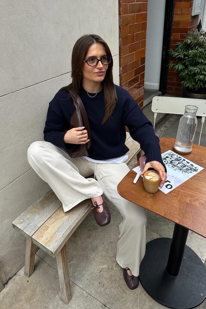 Navy Blue Crewneck Sweater + Cream Wide-Leg Trousers + Dark Brown Ballet Flats
