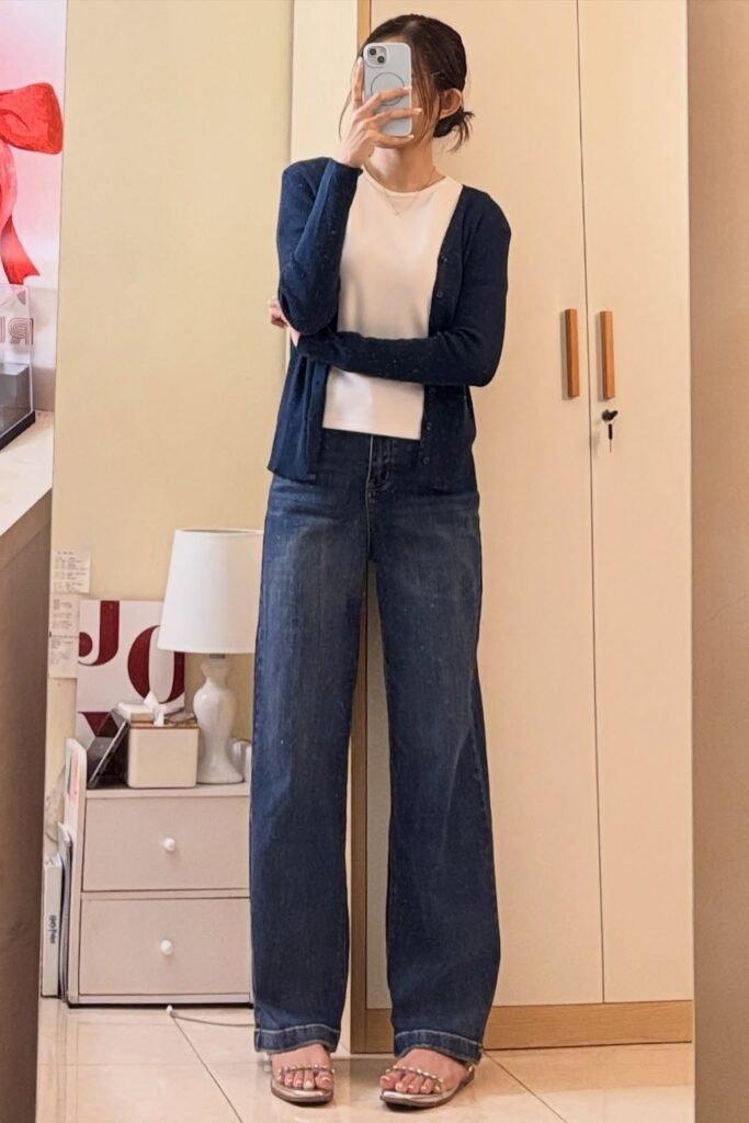 Navy Blue Thin Cardigan + White T-Shirt + Dark Blue Wide-Leg Jeans