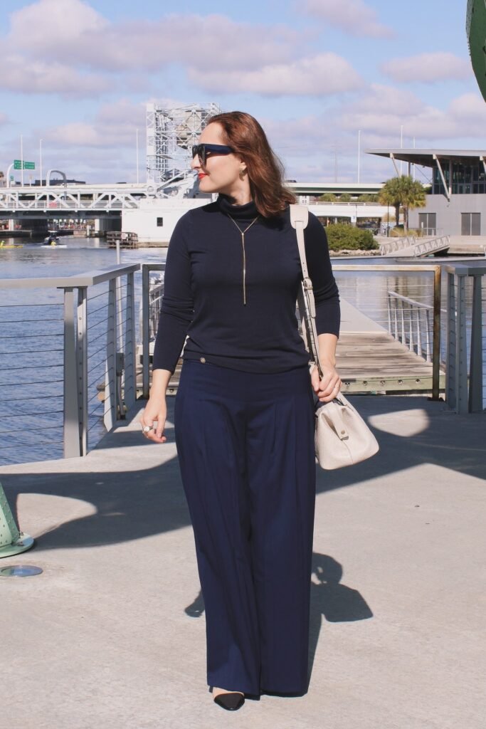 Navy Blue Turtleneck + Navy High Waisted Wide Leg Trousers + Black Pointed Flats