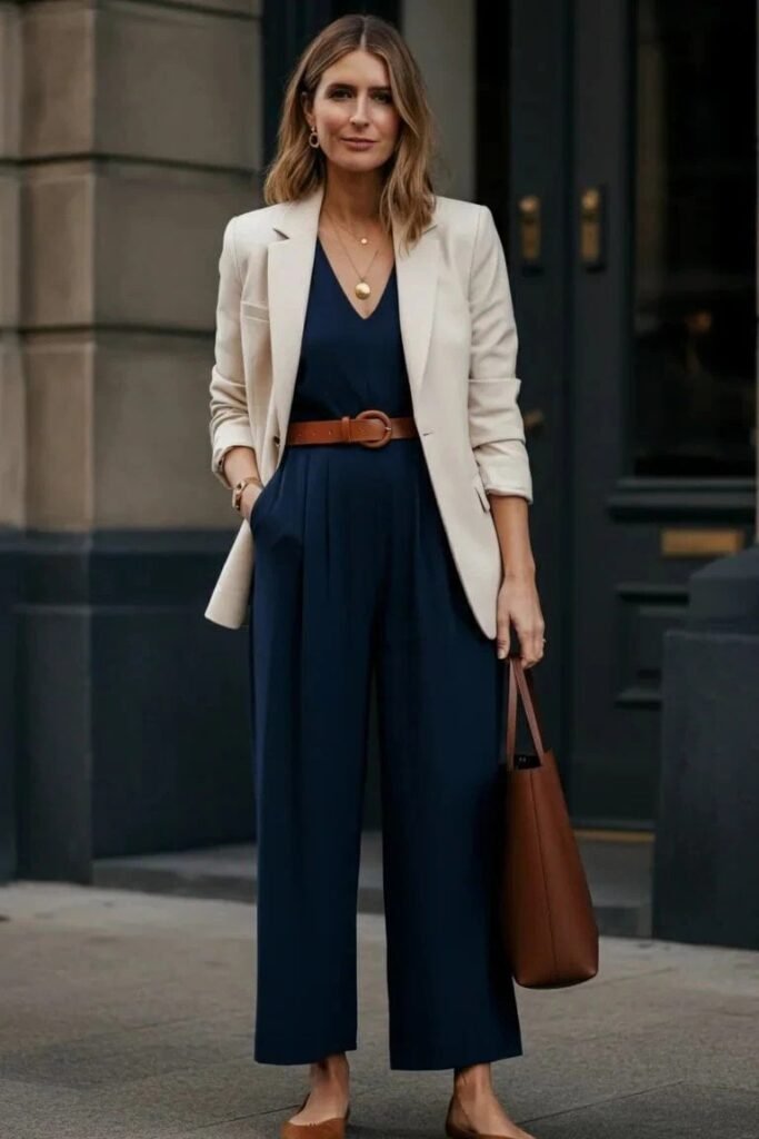 Navy Blue V-Neck Jumpsuit + Beige Blazer + Brown Leather Belt