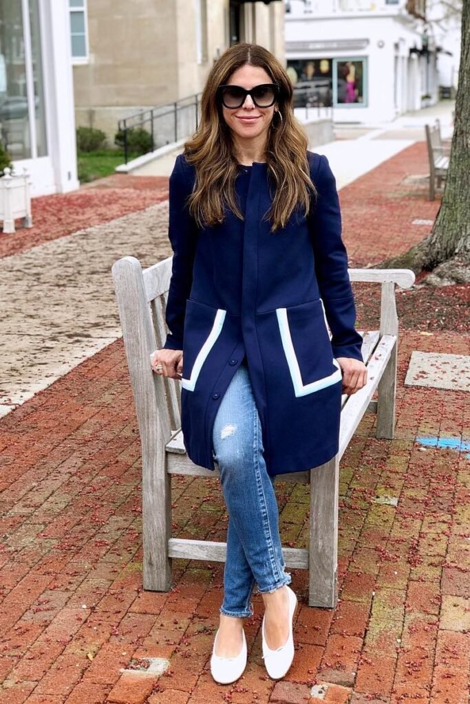 Navy Coat with White Trim + Distressed Blue Skinny Jeans + White Ballet Flats