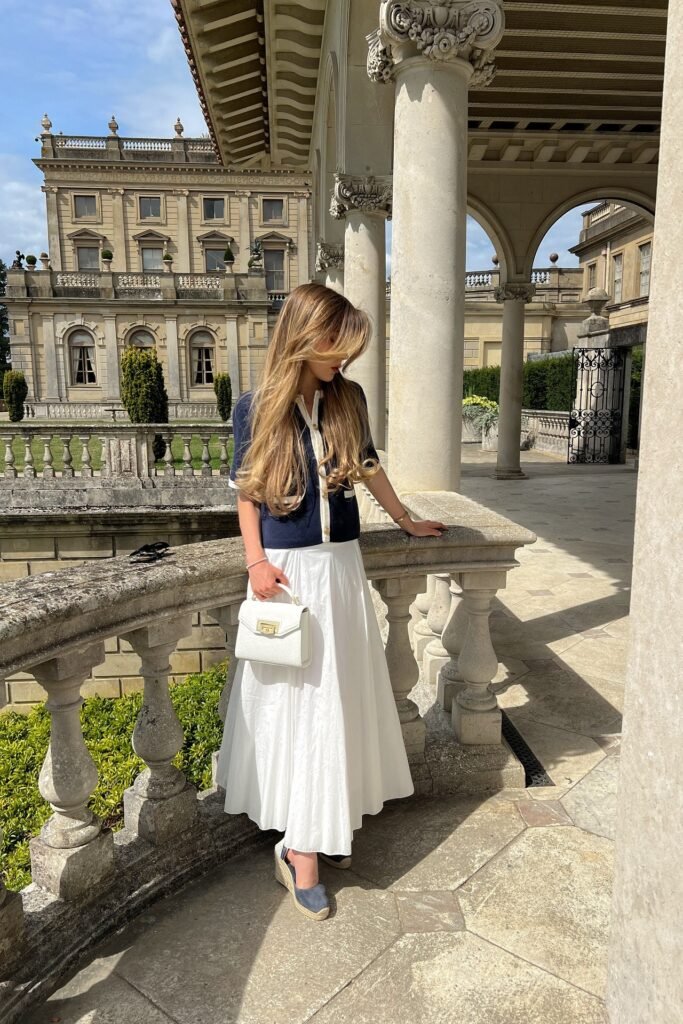 Navy Contrast Trim Cardigan + White A Line Maxi Skirt + Blue Wedge Espadrilles