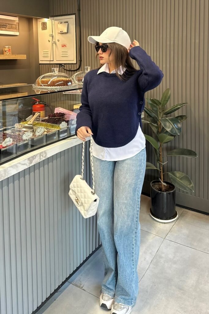 Navy Crewneck Sweater + White Collared Shirt + Light Wash Straight-Leg Jeans + White Sneakers