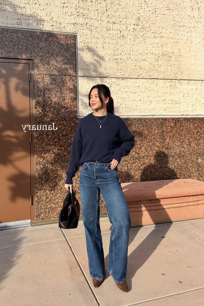 Navy Crewneck Sweater + Wide Leg Blue Jeans + Brown Suede Pointed Boots