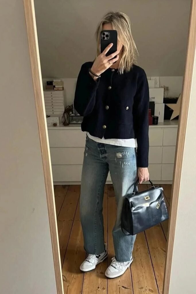 Navy Cropped Cardigan with Gold Buttons + Distressed Straight Jeans + White Sneakers