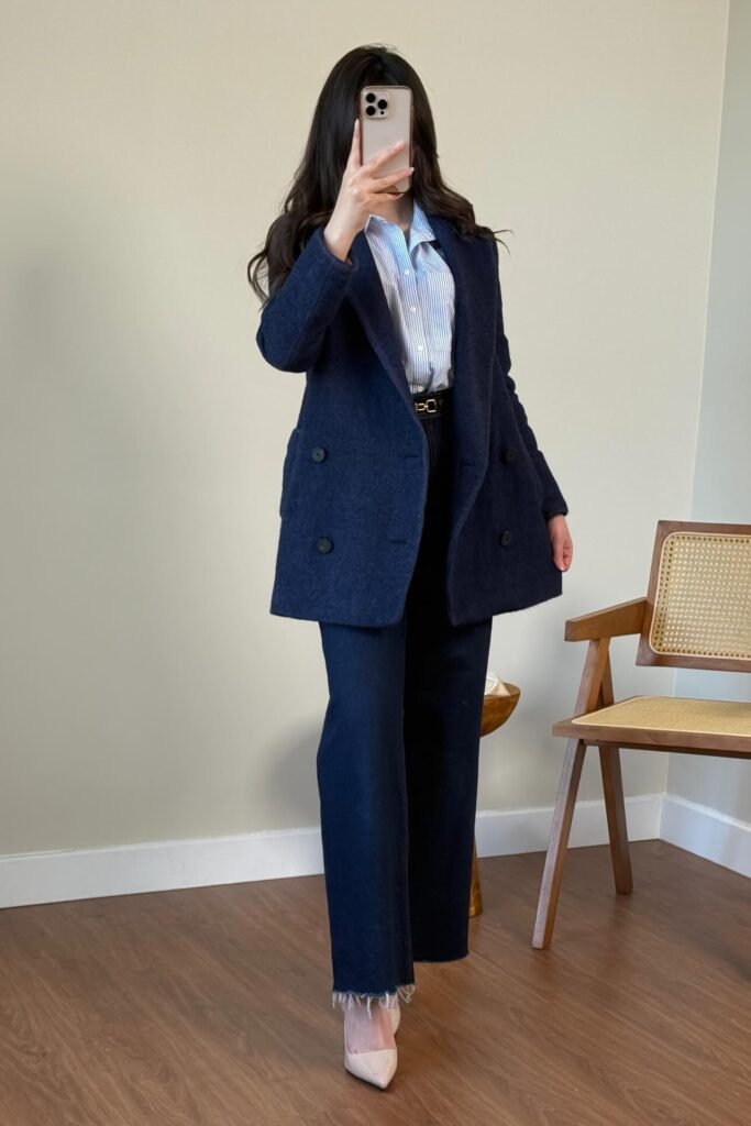 Navy Double-Breasted Blazer + Blue Striped Shirt + Dark Wash Wide-Leg Jeans + Beige Pointed Heels