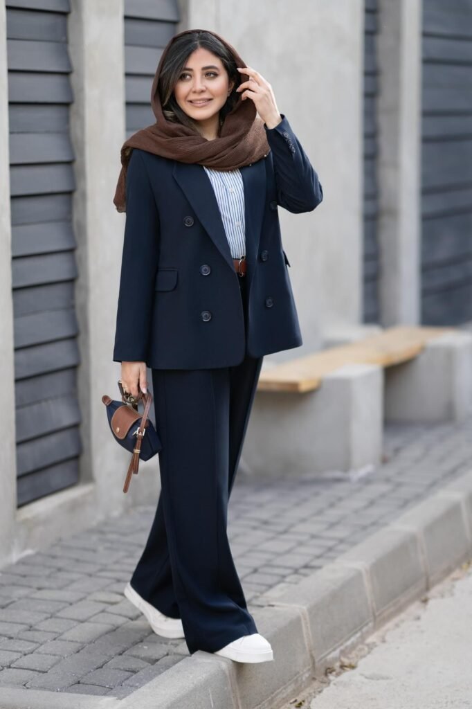 Navy Double-Breasted Pantsuit + Blue Striped Shirt + Brown Hijab + White Platform Sneakers