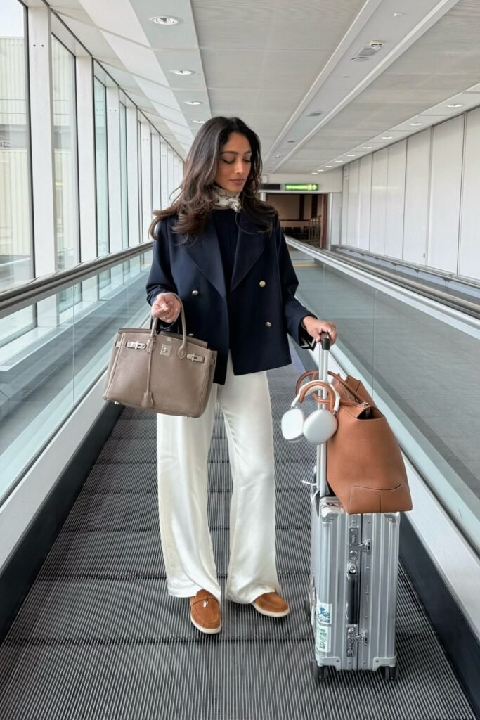Navy Double-Breasted Peacoat + White Silk Wide-Leg Pants + Brown Suede Loafers