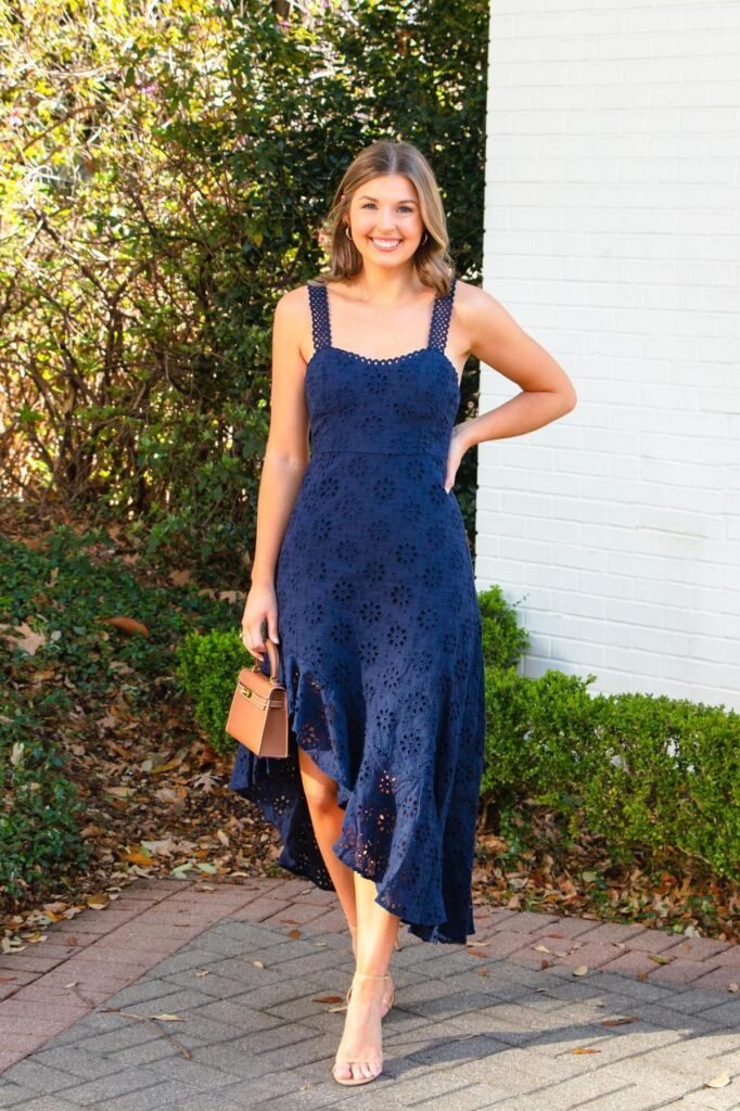 Navy Eyelet High Low Dress + Tan Mini Handbag + Nude Heeled Sandals