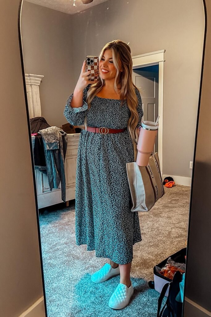 Navy Floral Square-Neck Midi Dress + Brown Waist Belt + White Quilted Slip-on Sneakers