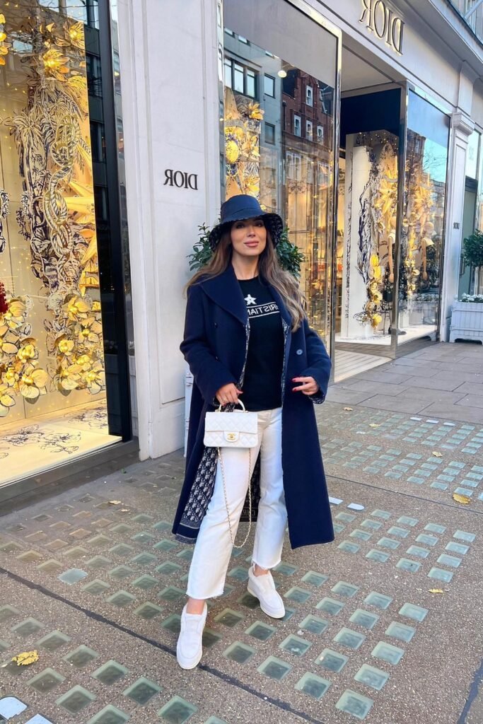 Navy Long Coat + Black Graphic Sweater + White Cropped Jeans + White Loafers