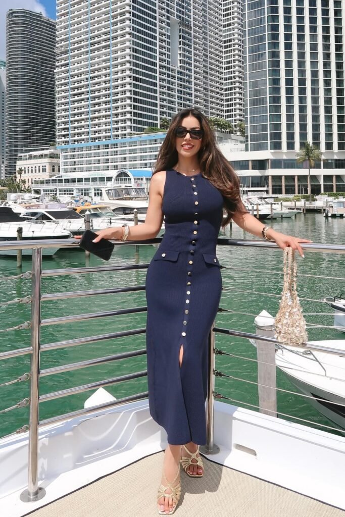 Navy Ribbed Sleeveless Button-Down Maxi Dress + Gold Strappy Sandals + Pearl-Embellished Bucket Bag