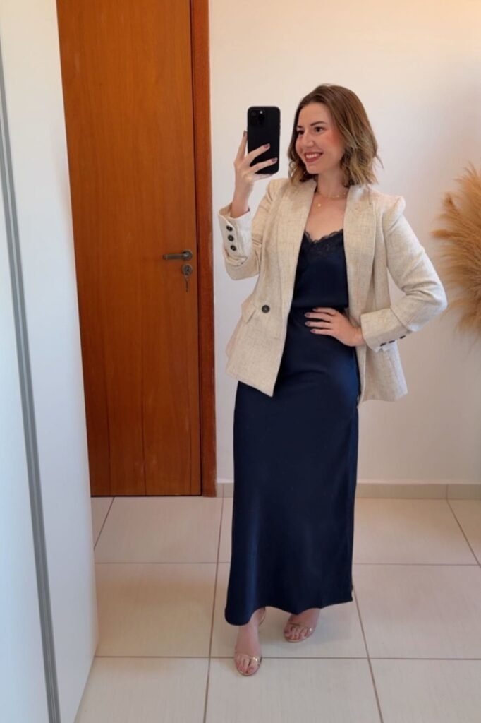 Navy Satin Lace-Trim Maxi Dress + Beige Linen Blazer + Gold Strappy Sandals