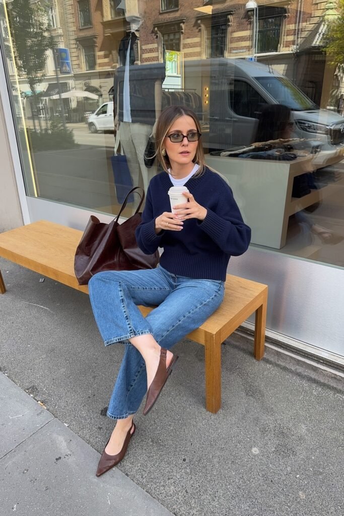 Navy V-Neck Sweater + Medium Wash Straight-Leg Jeans + Brown Pointed Slingback Flats