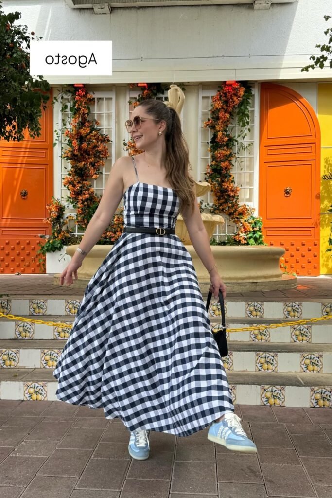 Navy and White Gingham Midi Dress + Slim Black Belt + Blue and White Sneakers