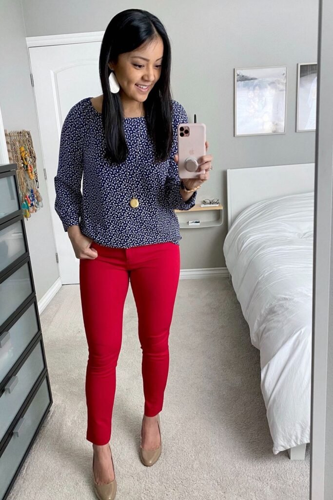 Navy and White Patterned Blouse + Bright Red Skinny Pants + Beige Patent Pumps