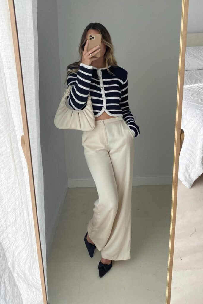 Navy and White Striped Cropped Cardigan + Off-White Wide-Leg Trousers + Black Bow Mules