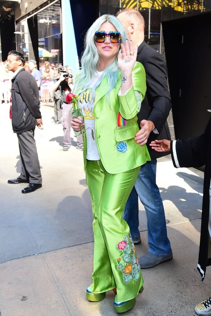 Neon Lime Satin Suit with Floral Embroidery + Rainbow Sunglasses + Blue Platform Boots