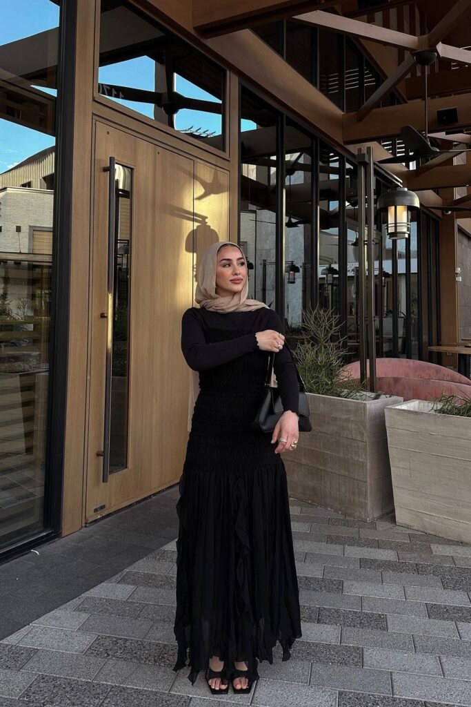 Nude Hijab + Black Long-Sleeved Smocked Maxi Dress + Black Square-Toe Sandals