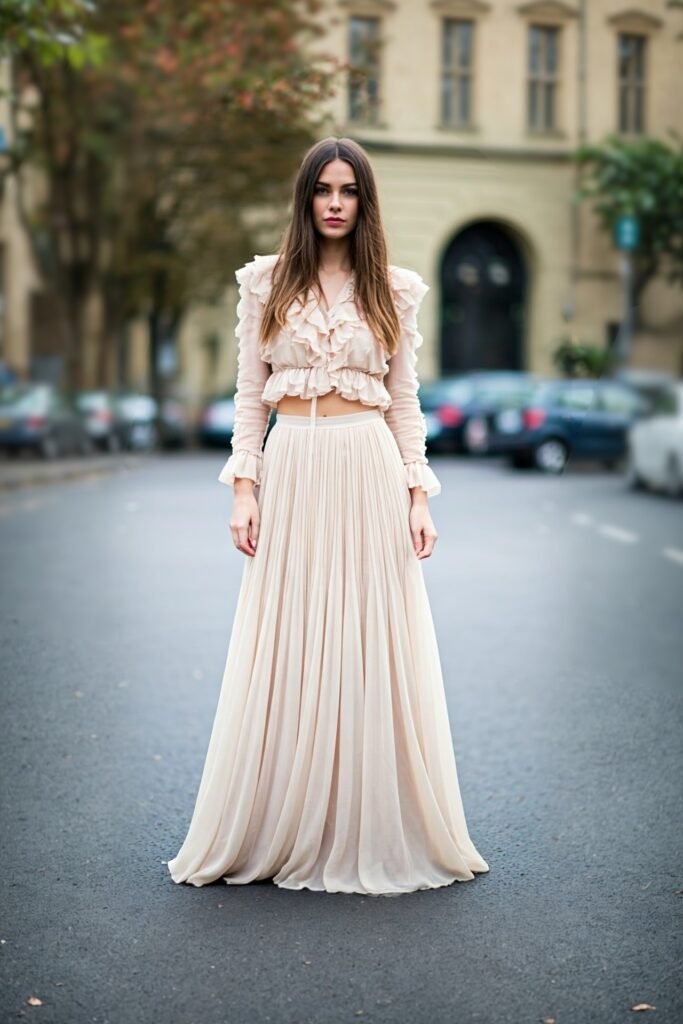Nude Ruffled Long-Sleeve Crop Top + Matching Pleated Maxi Skirt