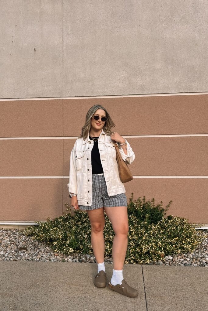 Off-White Denim Jacket + Black T-shirt + Gingham Shorts + Olive Green Clogs