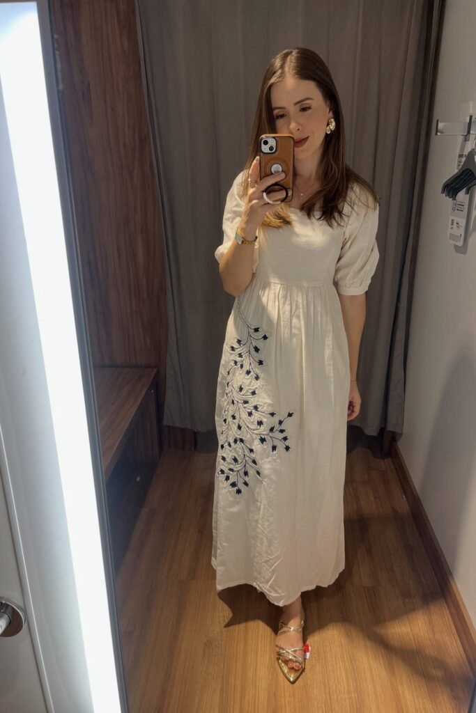 Off-White Puff-Sleeve Maxi Dress with Blue Floral Embroidery + Gold Strappy Sandals