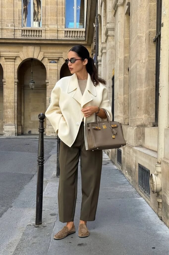 Off White Sculptural Short Coat + Olive Green Tailored Trousers + Tan Suede Moccasins