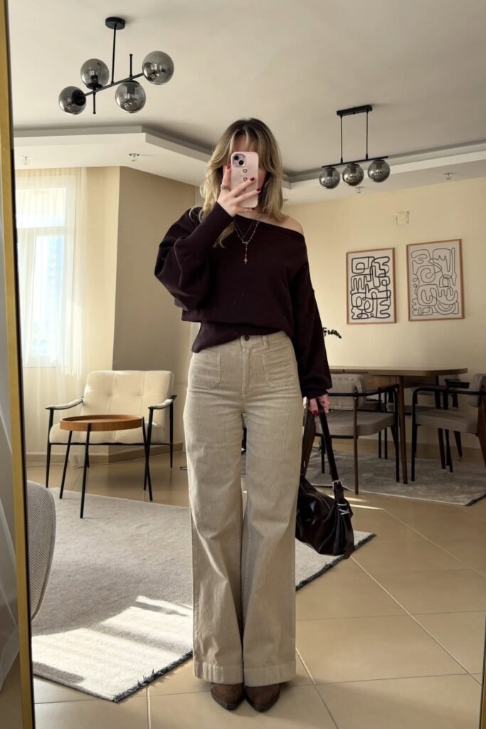 Off-the-Shoulder Dark Brown Sweater + Beige Corduroy Wide-Leg Pants + Brown Pointed Boots