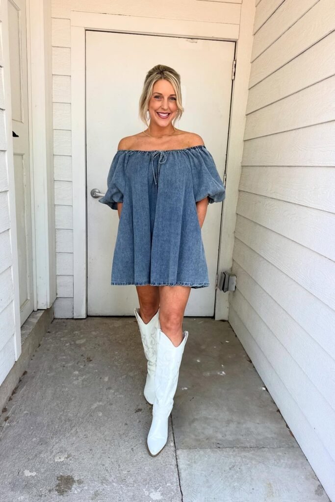 Off-the-Shoulder Denim Puff Sleeve Dress + White Tall Western Boots