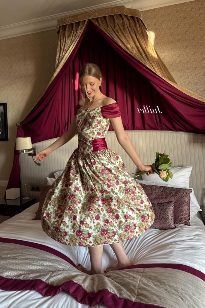 Off-the-Shoulder Floral Midi Dress with Burgundy Satin Trim + Burgundy Heels