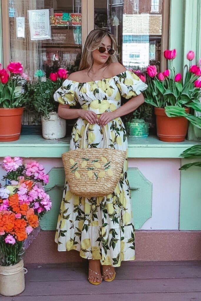 Off the Shoulder Lemon Print Maxi Dress + Yellow Embellished Sandals + Large Straw Tote Bag
