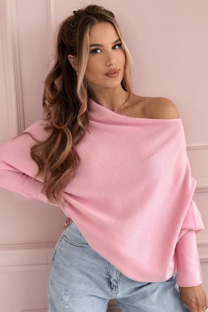 Off-the-Shoulder Pink Sweater + Light Wash Distressed Jeans