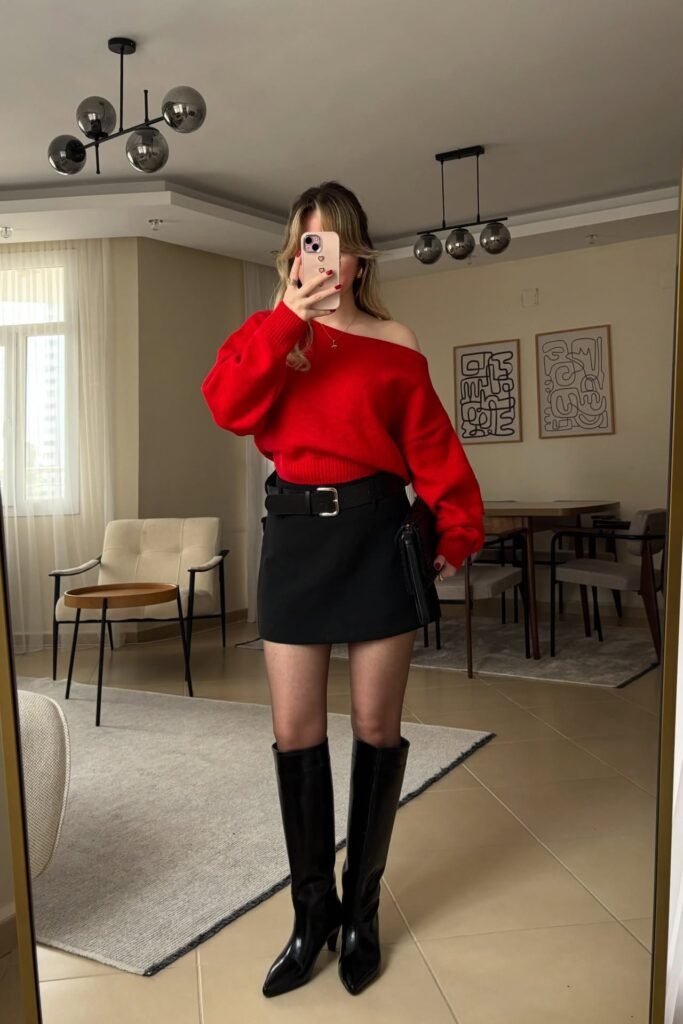 Off-the-Shoulder Red Sweater + Black Mini Skirt + Sheer Tights + Tall Black Pointed Boots