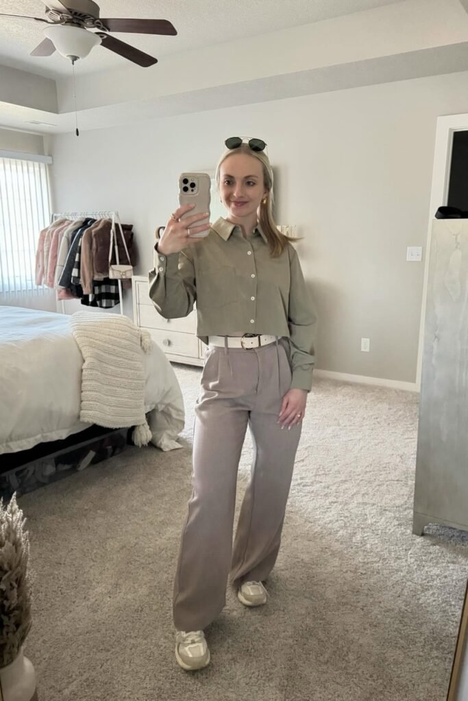 Olive Cropped Button-Down + Mauve Wide-Leg Trousers + White Belt + White Sneakers