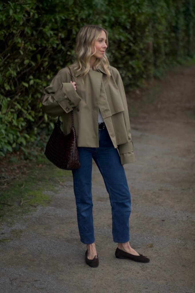 Olive Cropped Trench Coat + Dark Wash Slim Jeans + Chocolate Brown Suede Flats