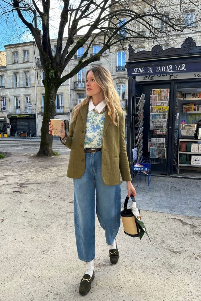 Olive Green Blazer + Floral Knit Vest + White Collared Shirt + Wide Leg Jeans + Olive Loafers