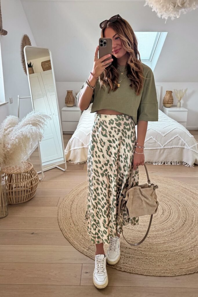 Olive Green Boxy Crop Top + Leopard Print Satin Midi Skirt + White Court Sneakers