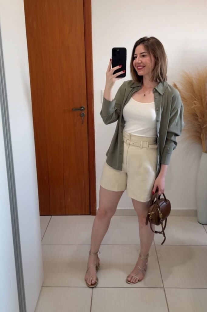 Olive Green Button-Down Shirt + White Tank Top + Cream High-Waisted Belted Shorts + Gold Strappy Sandals