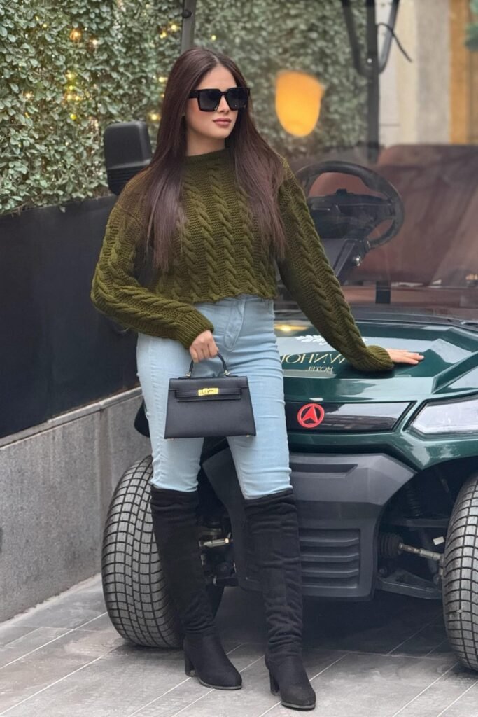 Olive Green Cable-Knit Cropped Sweater + Light Wash Skinny Jeans + Black Over-the-Knee Boots