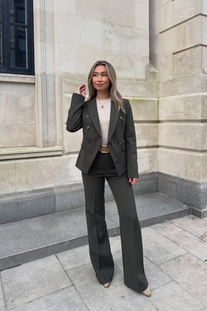 Olive Green Double Breasted Suit + Cream Ribbed Top + Beige Pointed Heels