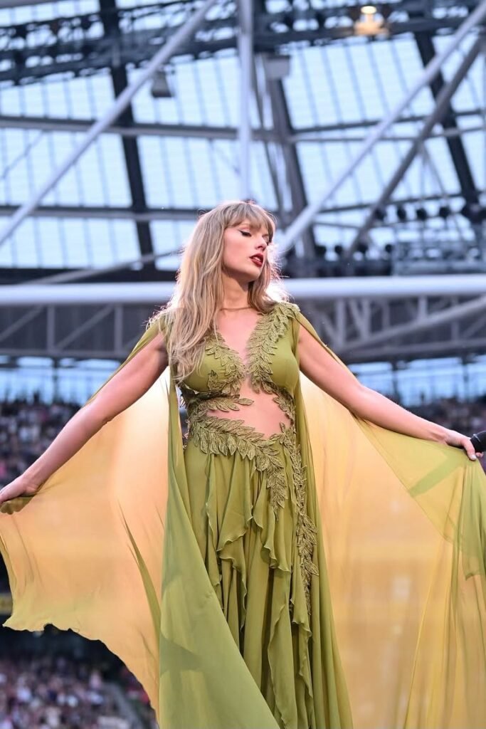 Olive Green Flowing Chiffon Gown with Leaf Embroidery + Fishnet Tights