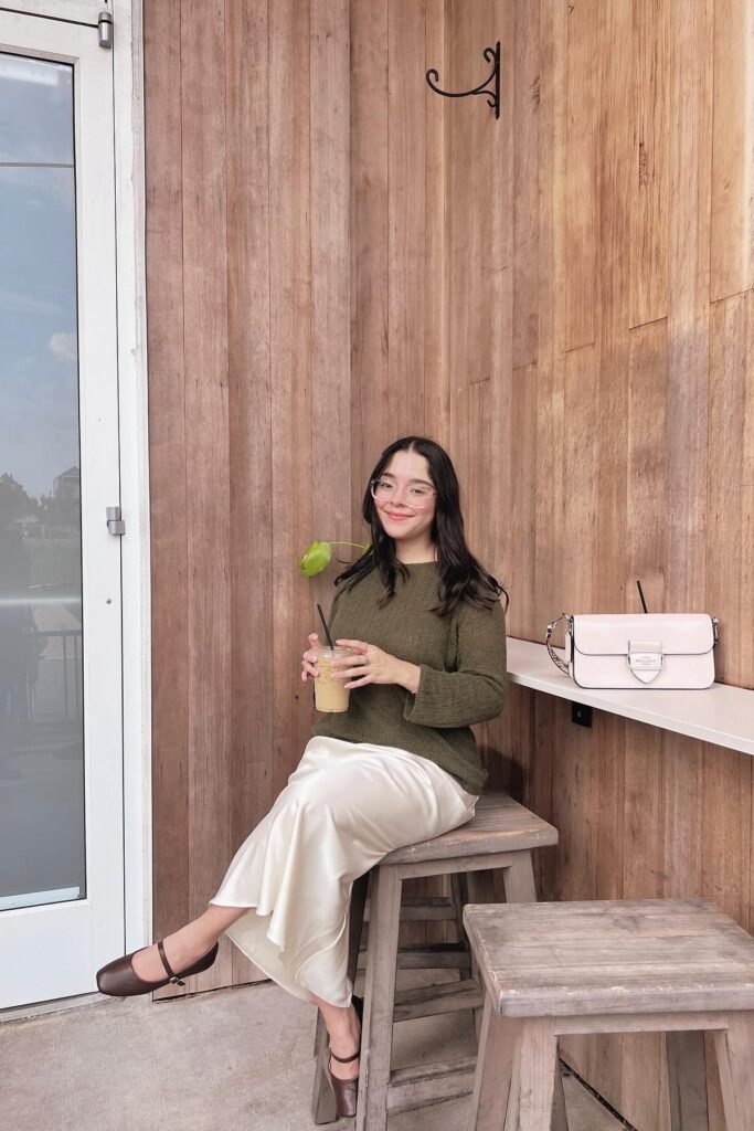 Olive Green Knit Sweater + Cream Satin Midi Skirt + Dark Brown Mary Janes