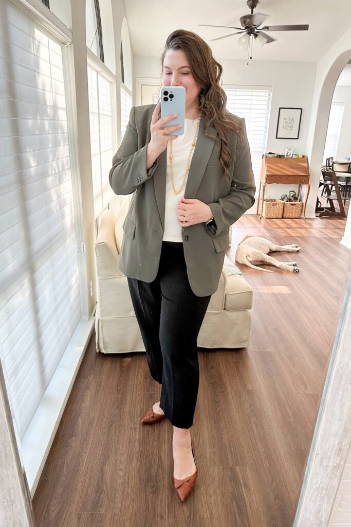 Olive Green Oversized Blazer + White Crew-Neck Top + Black Ankle Trousers + Brown Pointed Flats