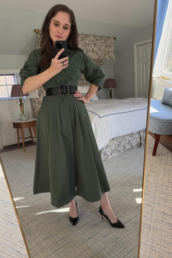 Olive Green Puff-Sleeve Midi Dress + Wide Black Statement Belt + Black Pointed-Toe Stilettos