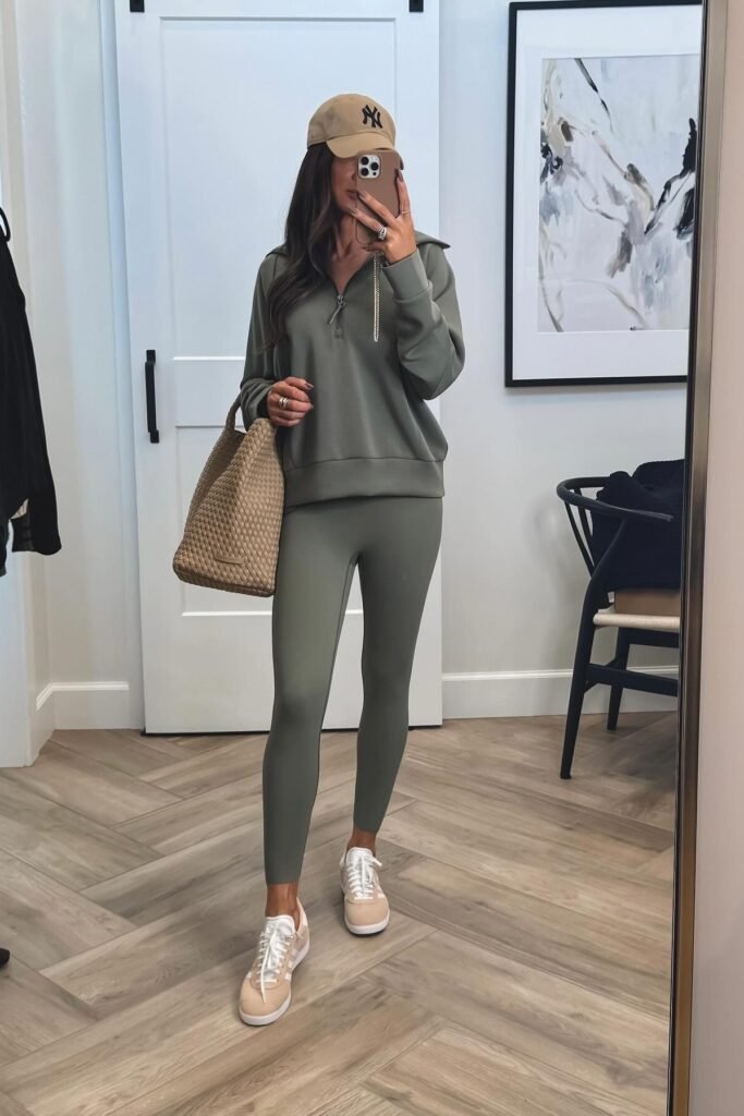 Olive Green Quarter-Zip Pullover + Matching Olive Green Leggings + Beige and White Sneakers