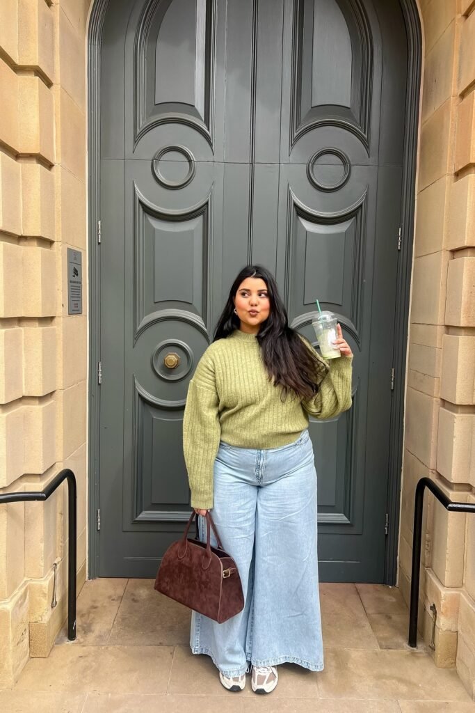 Olive Green Ribbed Sweater + Ultra Wide-Leg Light Wash Jeans + Chunky White Sneakers