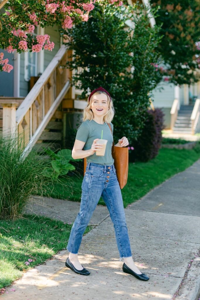 Olive Green T Shirt + High Waisted Button Fly Jeans + Black Square Toe Ballet Flats