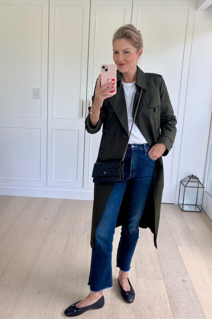 Olive Green Trench Coat + White T Shirt + Blue Straight Leg Jeans + Black Ballet Flats