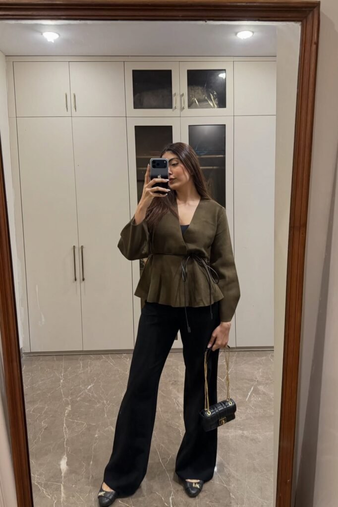Olive Peplum Tie-Waist Top + Black Flared Trousers + Black Pointed Flats